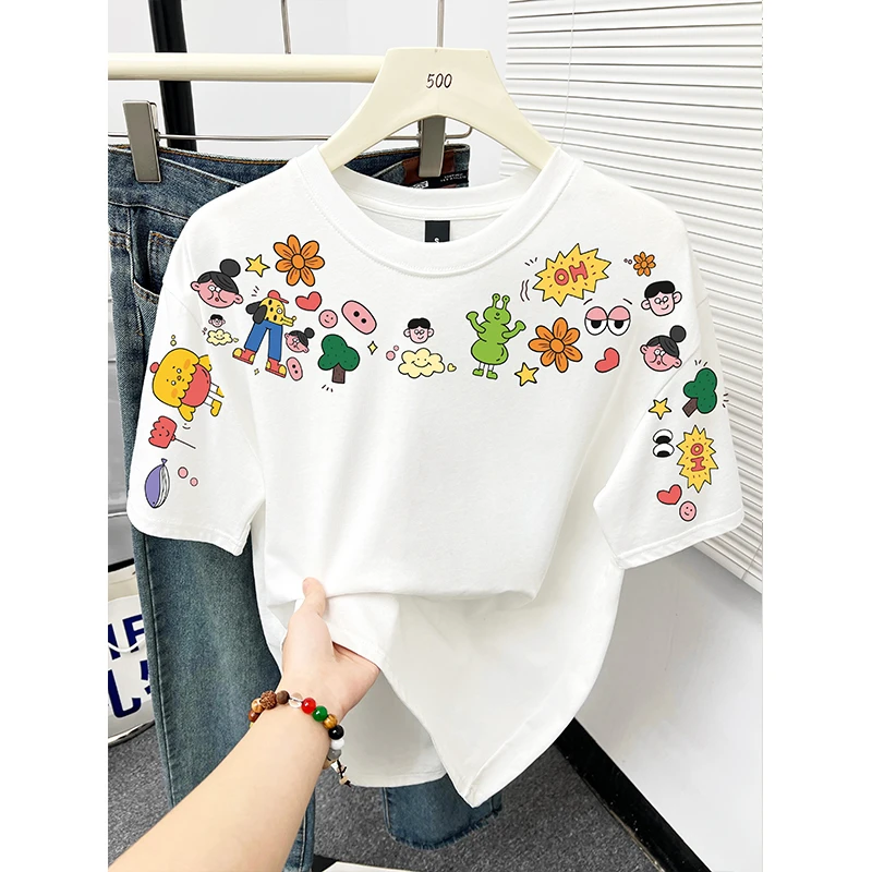 韩版设计感小众重磅纯棉短袖t恤女洋气宽松大码休闲百搭圆领上衣