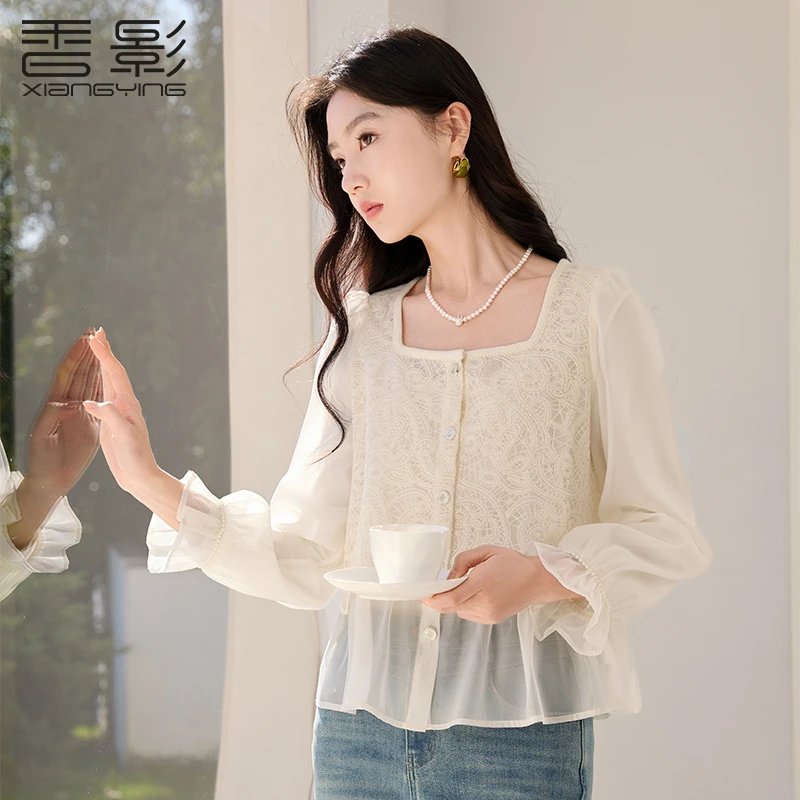 C851253衬衫 香影法式重工蕾丝方领衬衫女春季新款娃娃衫雪纺衫