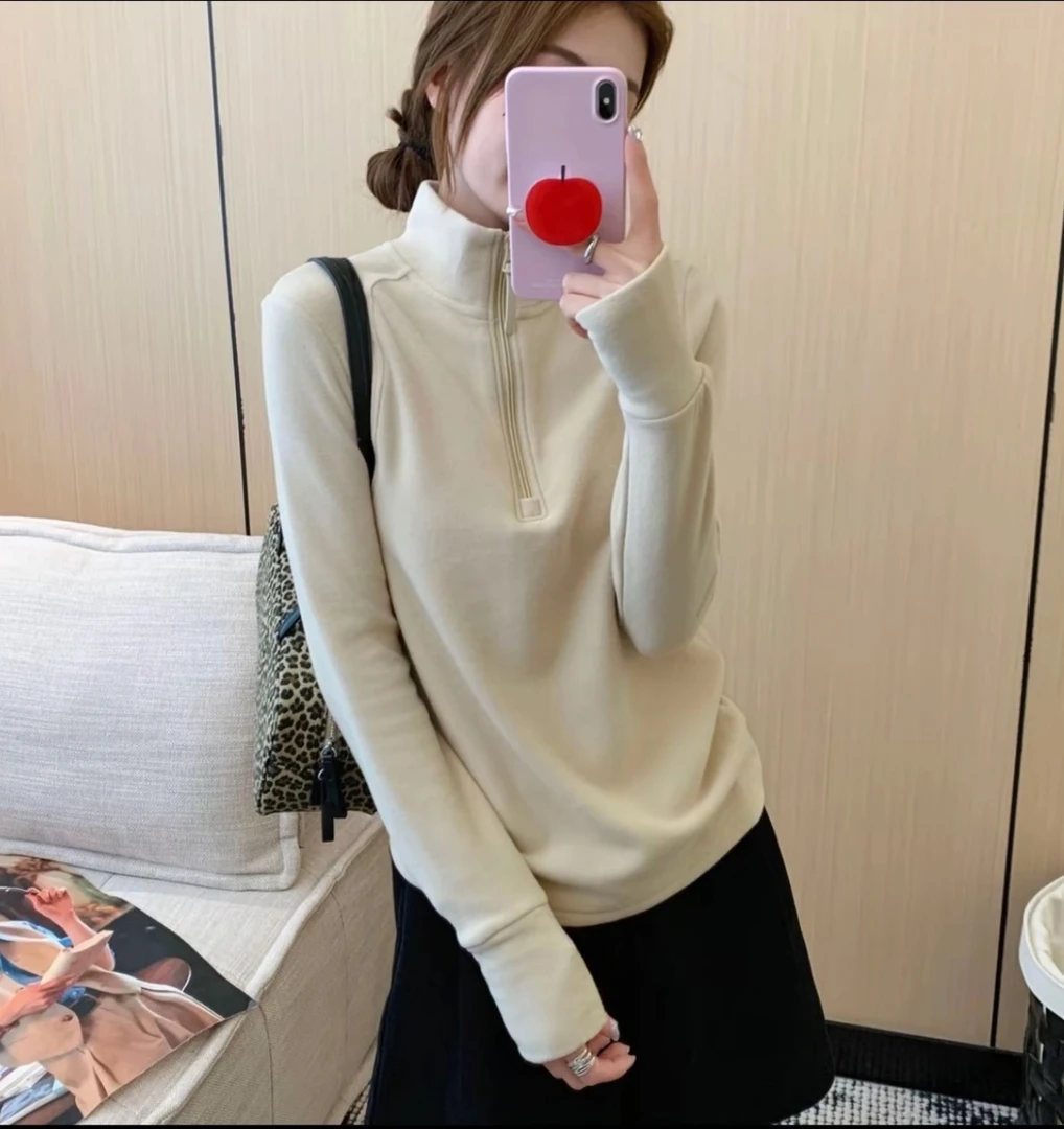 大码德绒自发热锁温半拉链打底衫女秋冬修身百搭立领显瘦纯色上衣