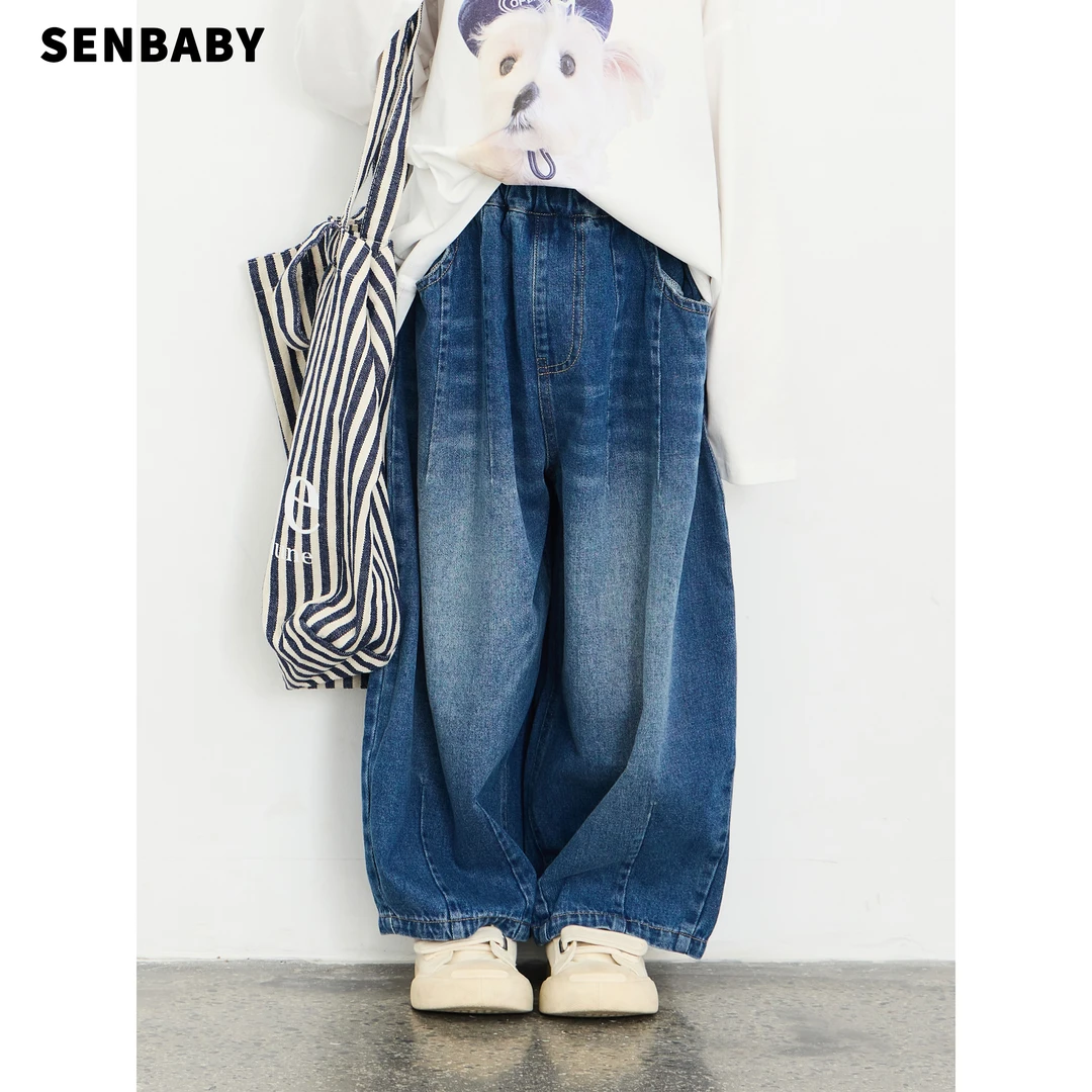 【现货】senbaby童装 女童牛仔裤2025新款韩版牛仔裤宽松阔腿牛仔裤