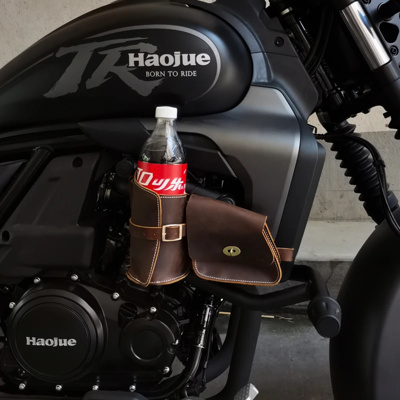 水杯包架适用豪爵TR300 Plus新版复古边包摩托车改装配件牛皮挂包