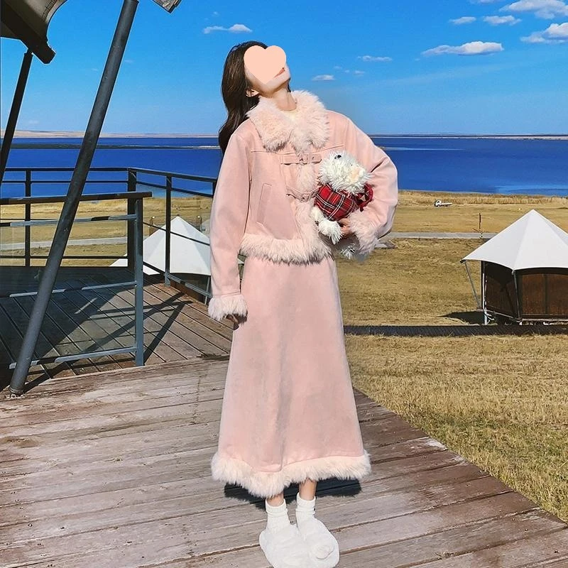 韩系减龄粉色皮绒套装裙秋冬新款保暖毛毛半身裙两件套其它纯色