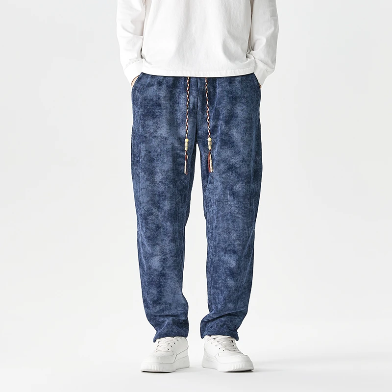 灯芯绒男裤子复古新中式国风扎染设计感休闲裤大码宽松直筒哈伦裤