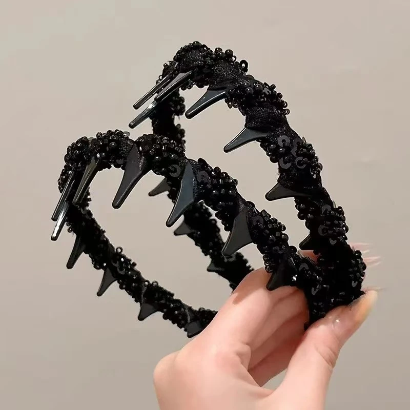 韩版新款黑色缠绕轻奢优雅发箍带齿手工串珠头箍气质发饰