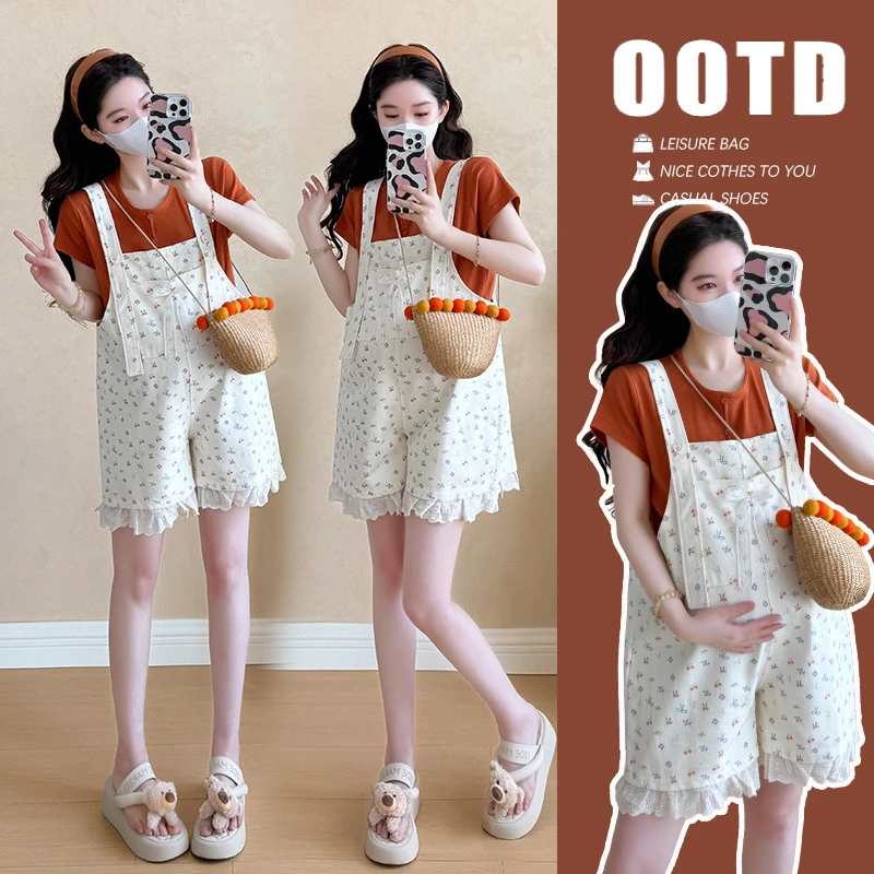 孕妇装夏季新款高级感减龄百搭夏装宽松T恤牛仔洗水背带裤套装