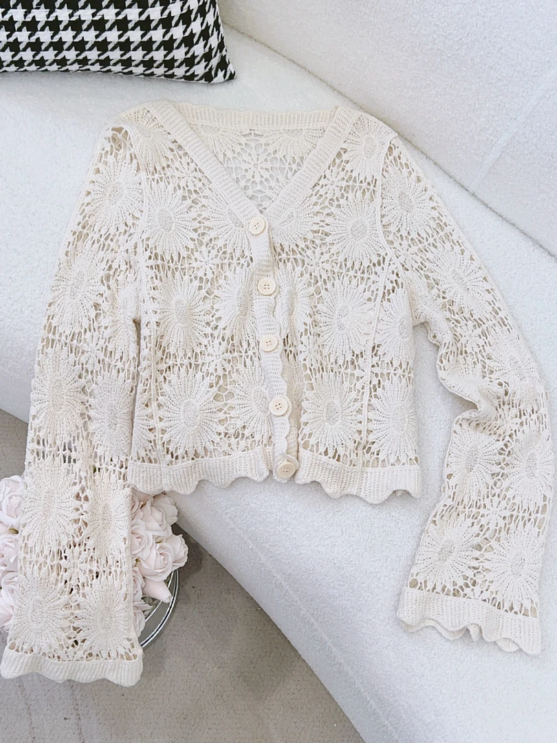 琳心丨夏季新款白色v领镂空长袖针织衬衫 AL4438