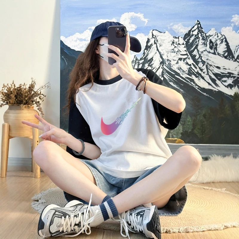 官方正品奥特莱斯美式插肩短袖t恤男夏季宽松撞色情侣纯棉打底衫