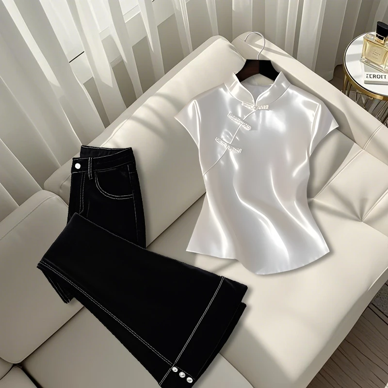 2025夏季新款新中式国风时尚气质女神范立领上衣显瘦百搭直筒裤子