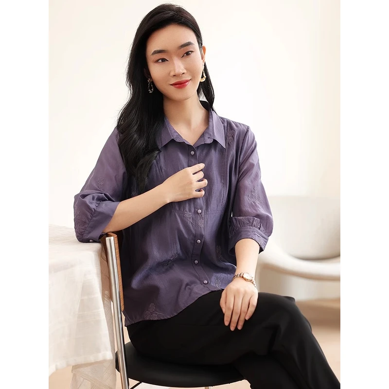 阿吉多紫色长袖衬衫女春季新款高级莱赛尔衬衣绣花减龄上衣A31109
