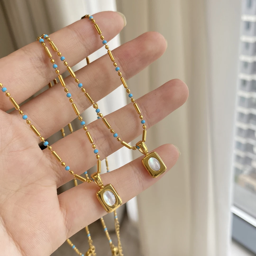 钛钢贝壳项链 【魔镜】极简蓝色滴釉贝壳方块不掉色超显白锁骨链A26