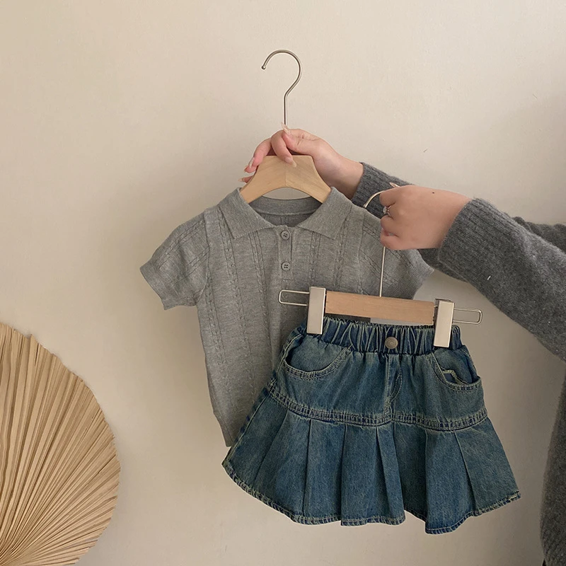 R25077女童学院风洋气针织POLO衫夏季新款韩版可爱百褶牛仔裙