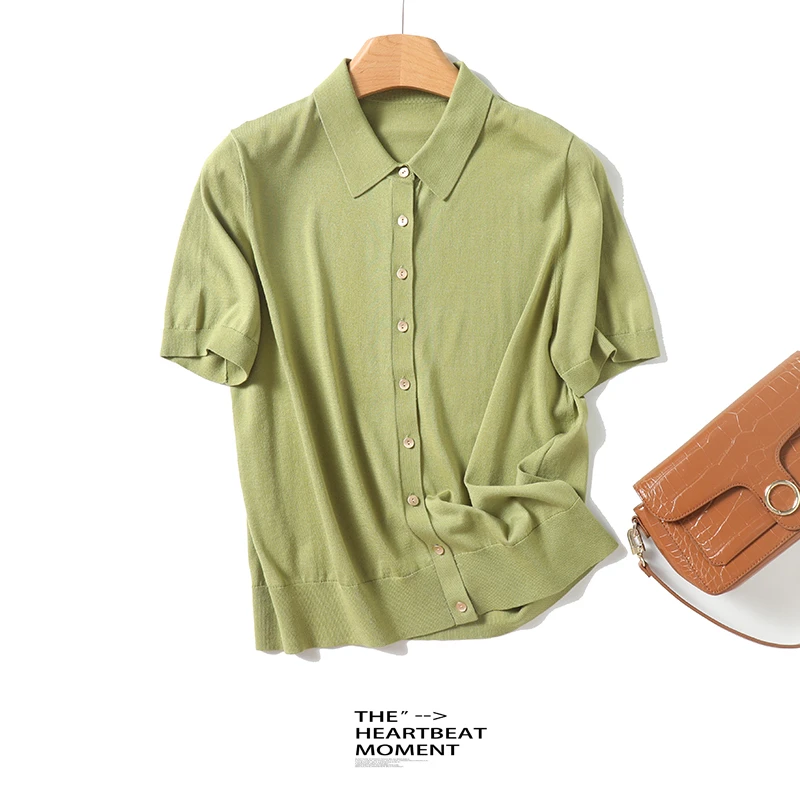 【高品质】数兰朵显瘦透气醋酸天丝半袖衬衣 18针超细女士翻领短袖