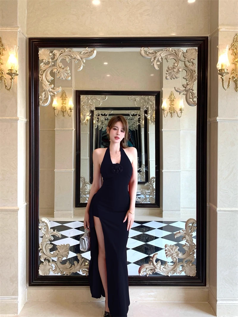 黑色花朵露背挂脖连衣裙女夏季开叉修身收腰裙子辣妹显瘦包臀长裙