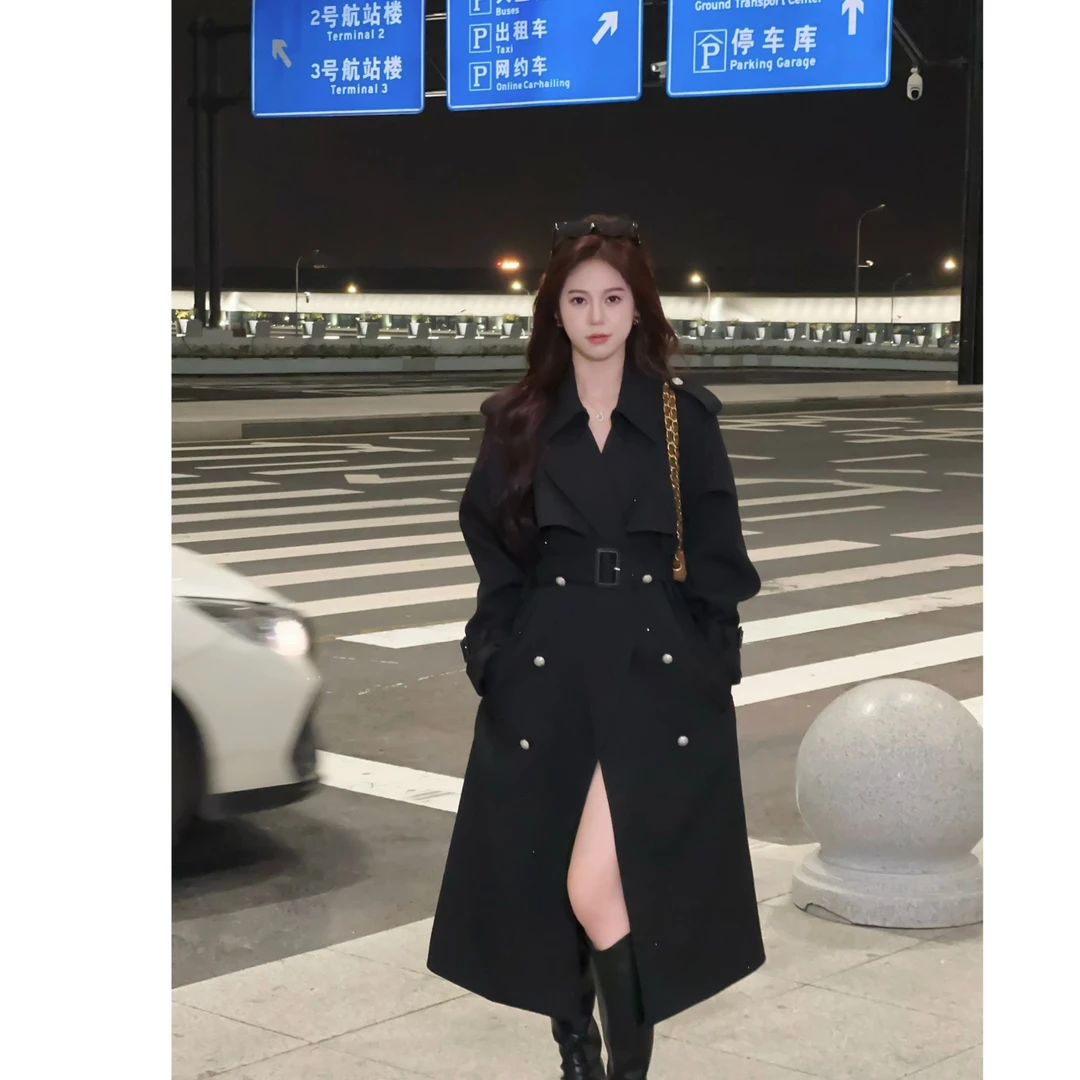 【言希】法式复古赫本风黑色风衣春季时尚百搭长款双排扣外套24F114