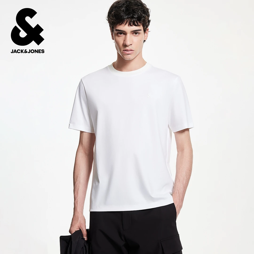 杰克琼斯男装秋季新款T恤简约LOGO胶印百搭舒适罗纹圆领短袖上衣