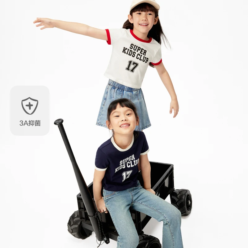 littlemoco童装25夏装新款女童抑菌短款短袖圆领T恤#KBE2TEET05