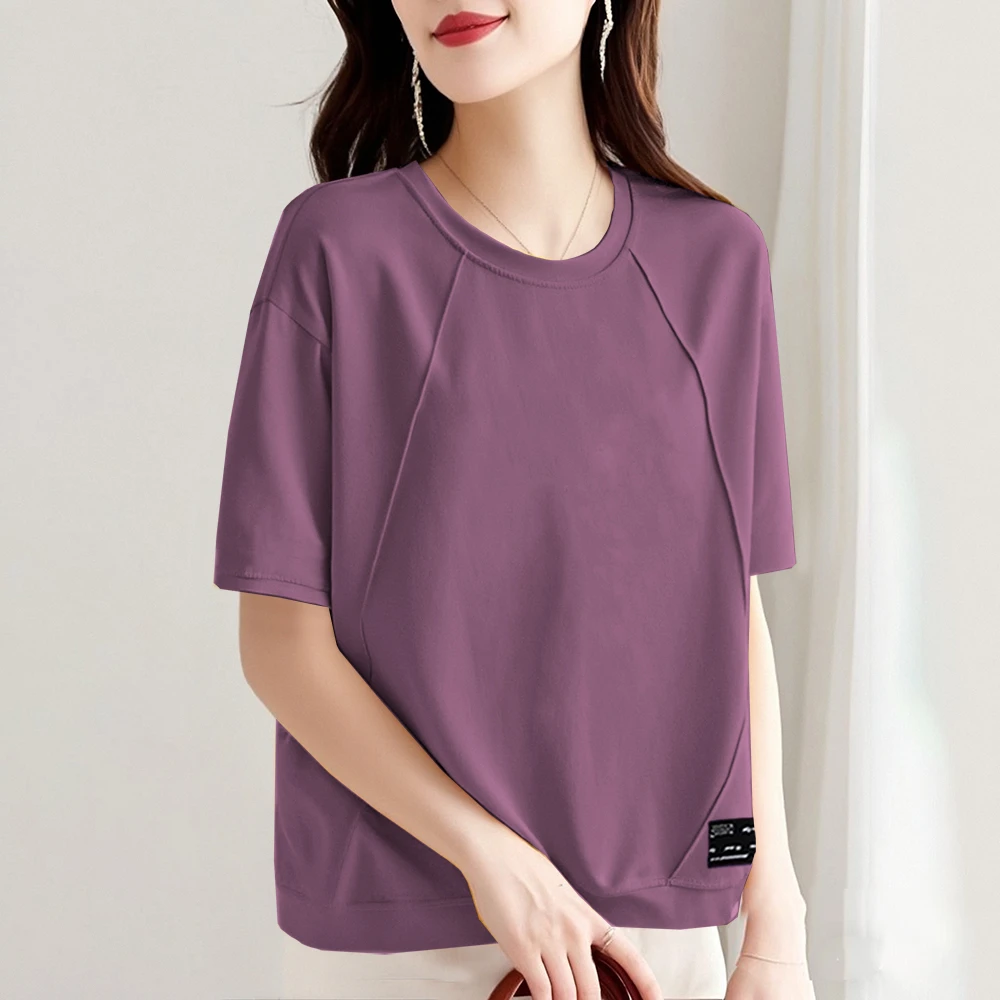 设计感圆领短袖体恤衫夏季新款时尚纯色减龄百搭通勤简约显瘦上衣