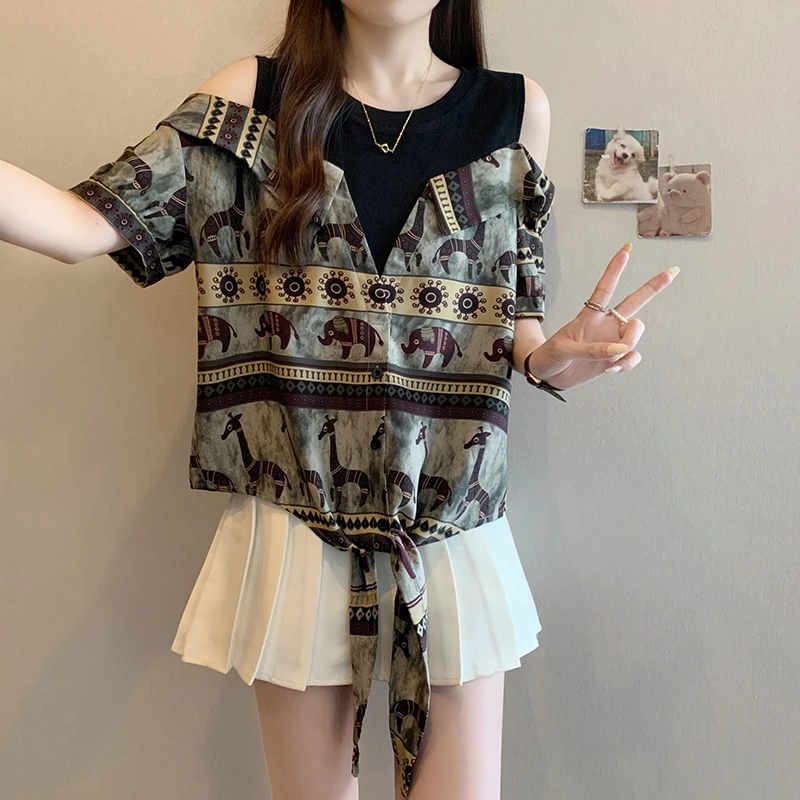 2025夏装新款胖mm大码女复古露肩拼接绑带别致小衫上衣 22437