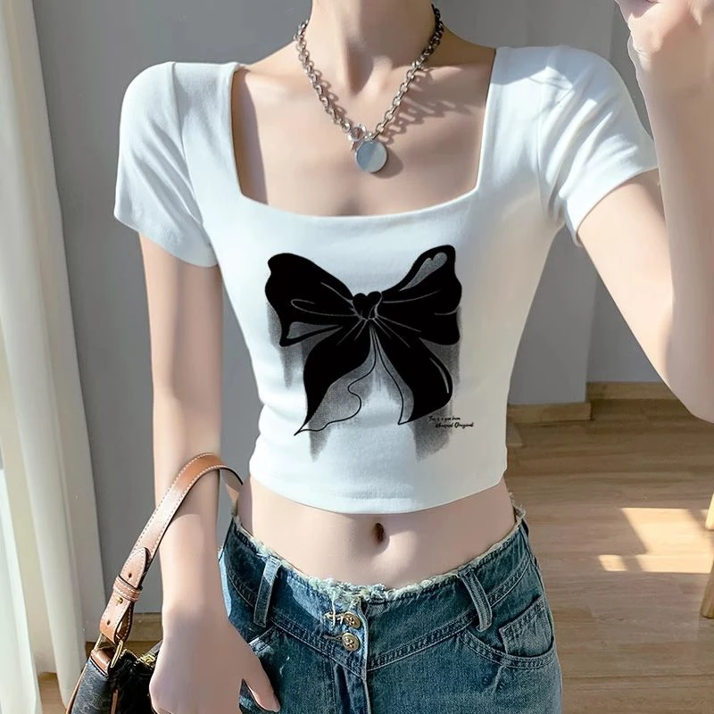 夏季新款设计法式正肩白色方领短袖T恤女辣妹ins修身显瘦短款上衣