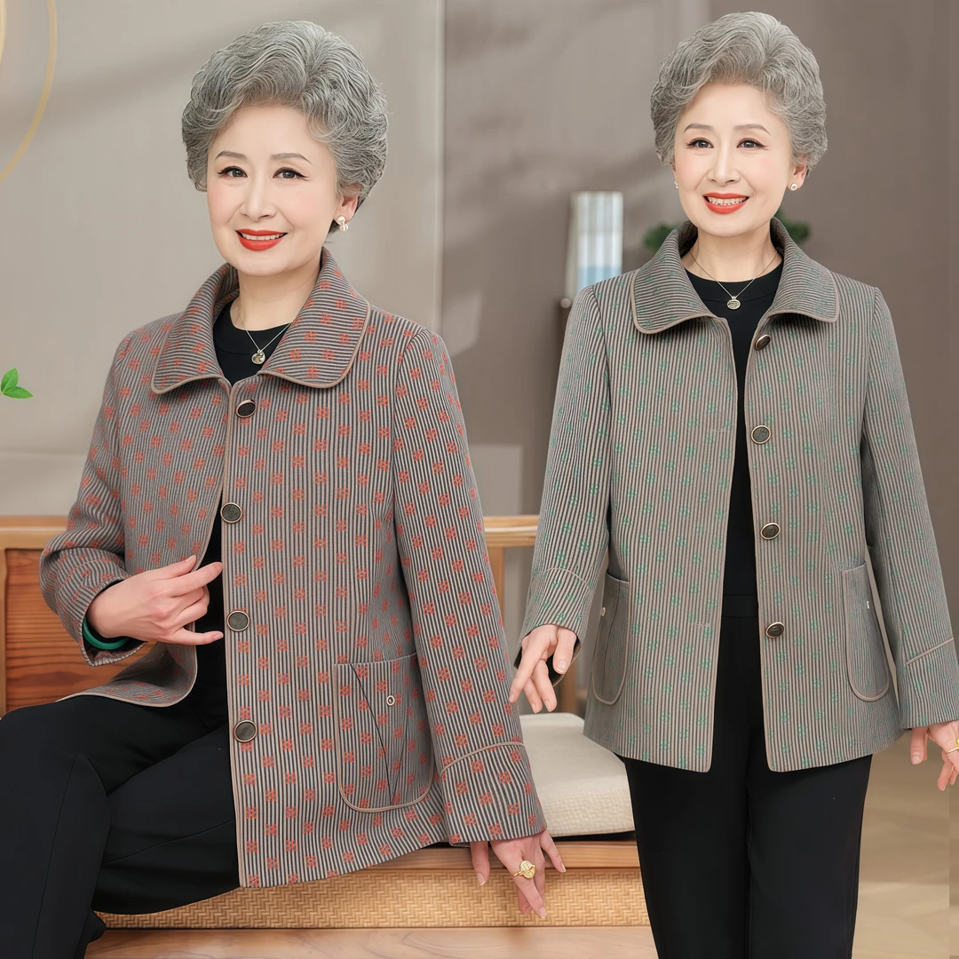 B005妈妈装春秋款外套中老年纽扣开衫上衣外套奶奶气质显瘦外套