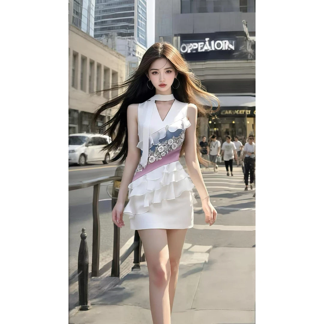 夏季新款白色V领无袖修身包臀设计感连衣裙女小众时尚气质高级感