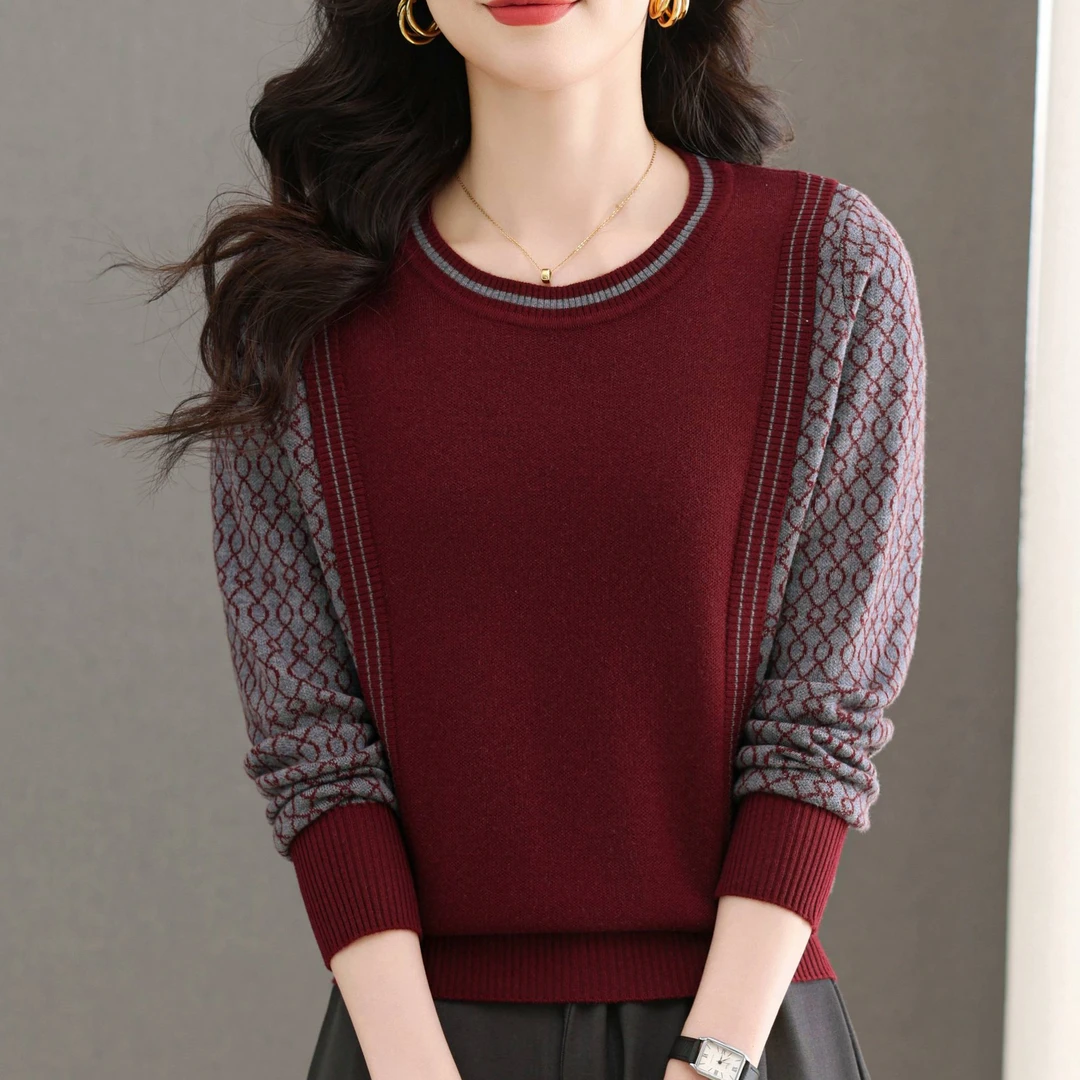 2025春秋女士宽松显瘦圆领针织打底衫外搭短款套头提花百搭女装