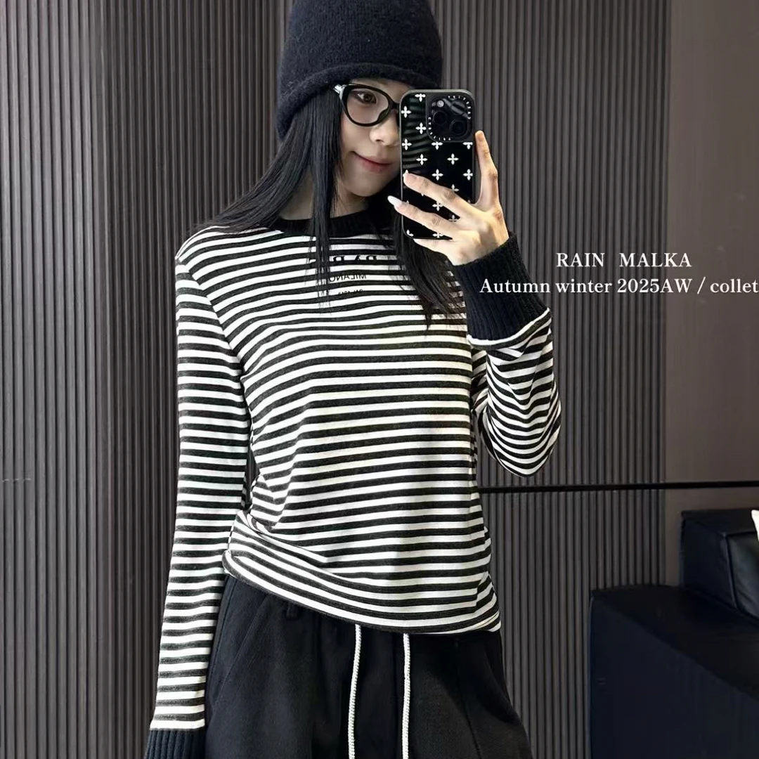 83276#秋冬新款条纹圆领针织袖口长袖T打底衫