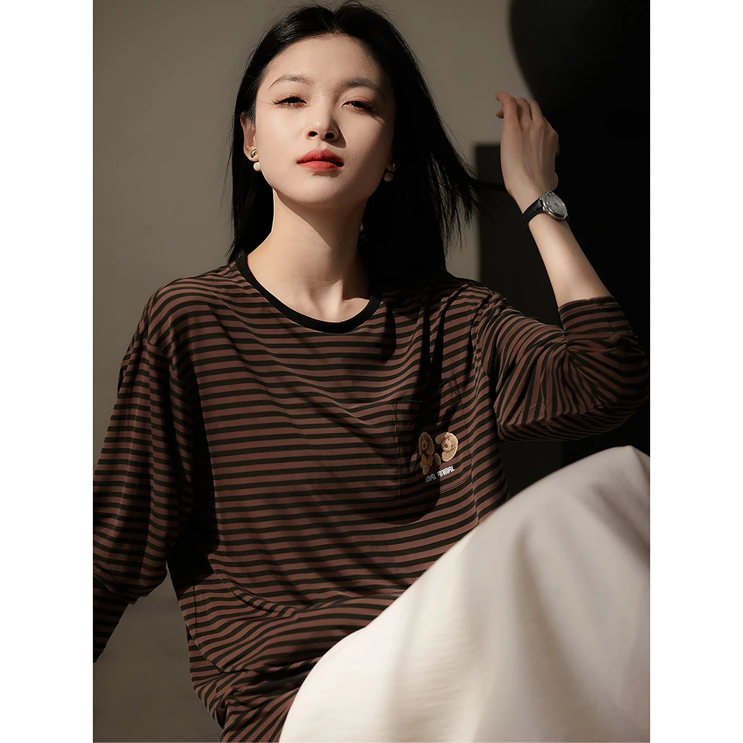 笑涵阁2025年新复古原宿风 条纹宽松长袖T恤上衣女 XYG481430AG