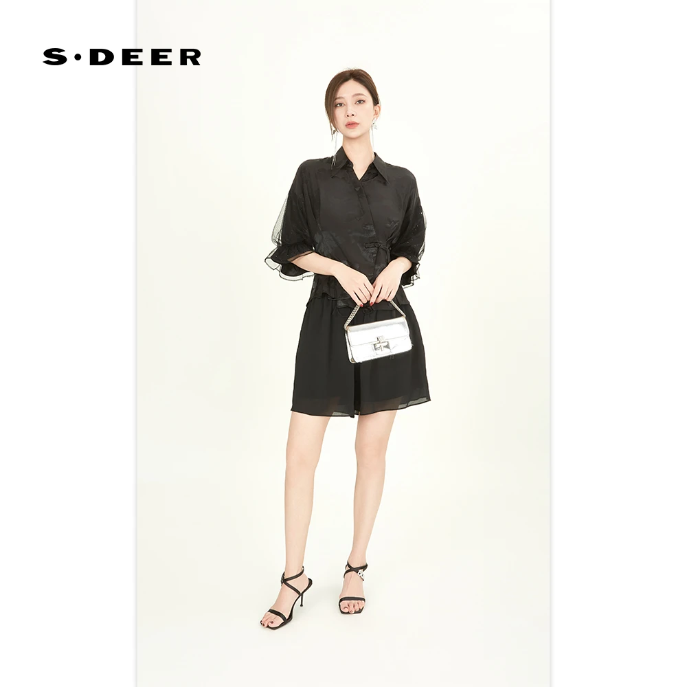 S·DEER圣迪奥简约高端通勤轻奢翻领国风印花百搭衬衫S242Z0421