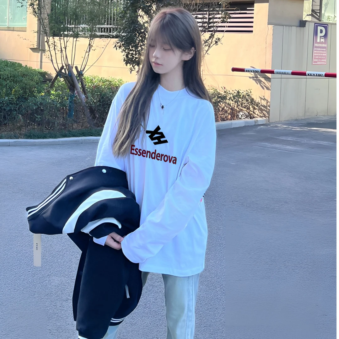 美式重磅纯棉长袖t恤女春秋薄款宽松设计感小众印花早秋初秋上衣