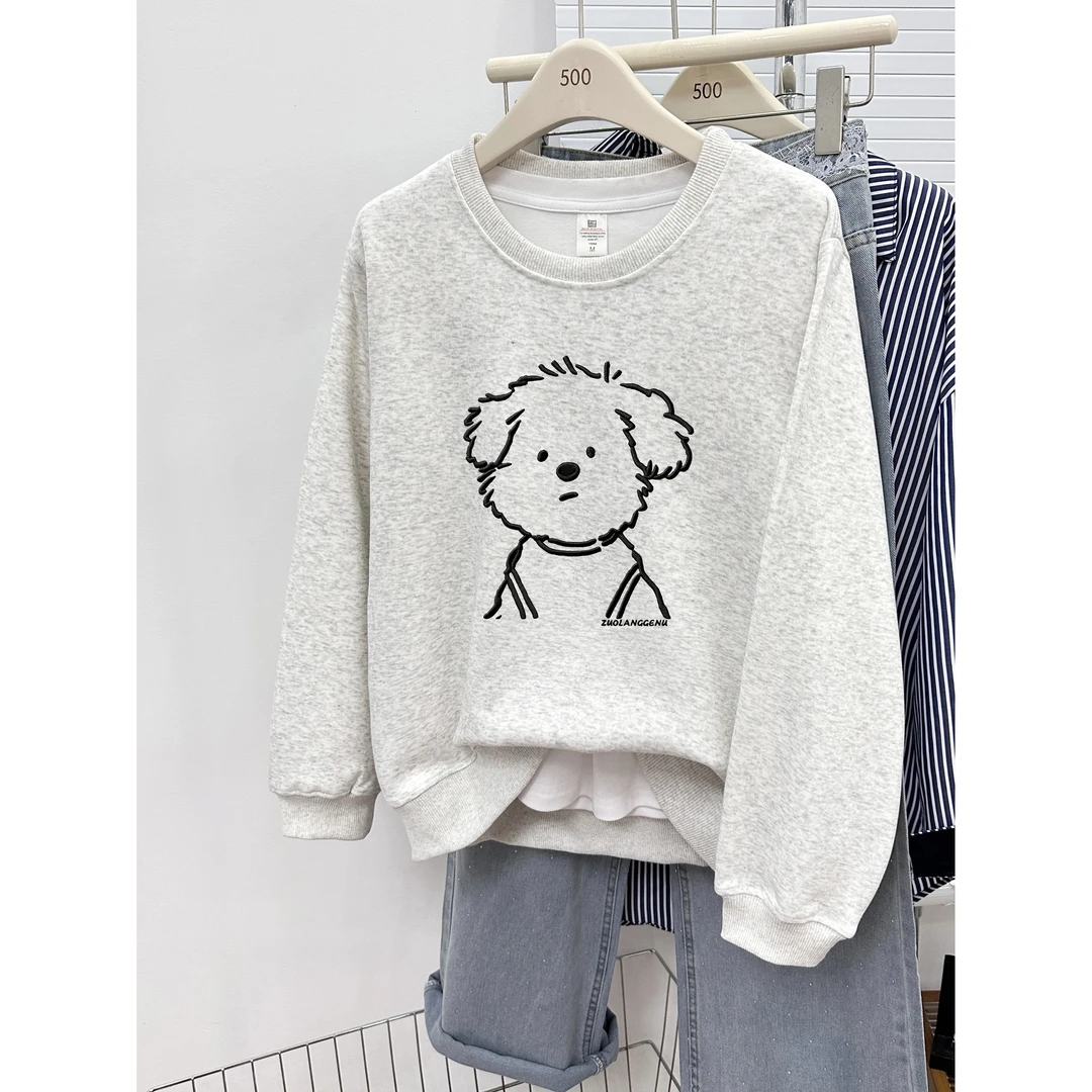 正肩卫衣女2025秋冬新款线条洋气小狗印花宽松大码显瘦圆领上衣服