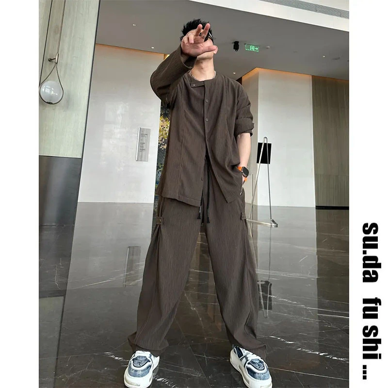 30岁素搭春季新款两件套纯色中式国风休闲宽松英伦风痞帅韩版套装