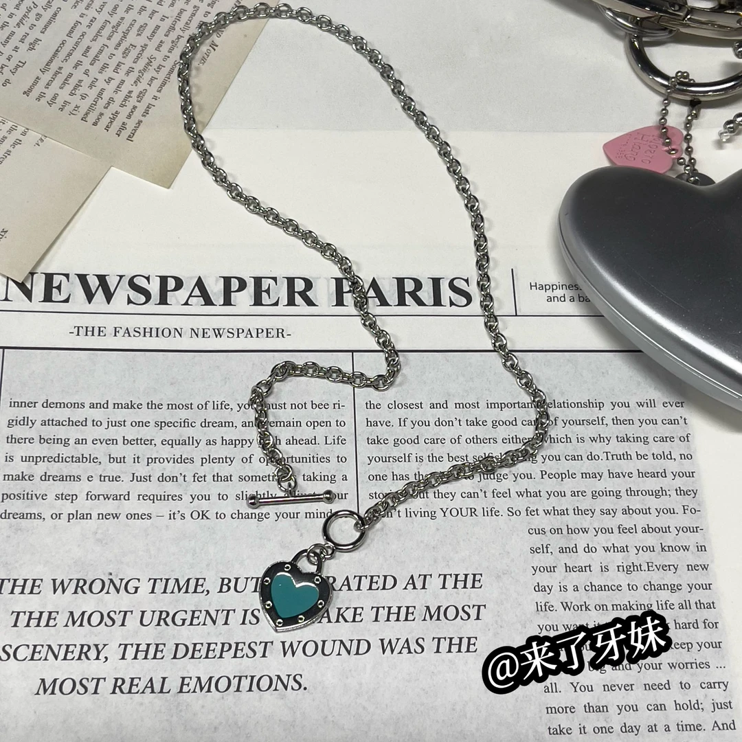 合金项链 YM【链条绿底爱心项链】XL073时尚小众简约情侣