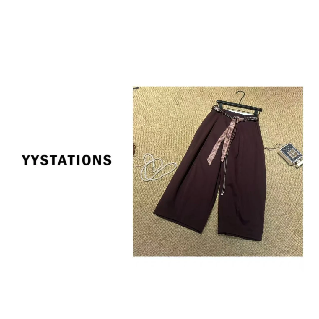 YYSTATIONS 丝巾腰带高腰显瘦直筒阔腿裤百搭休闲西装长裤-7076