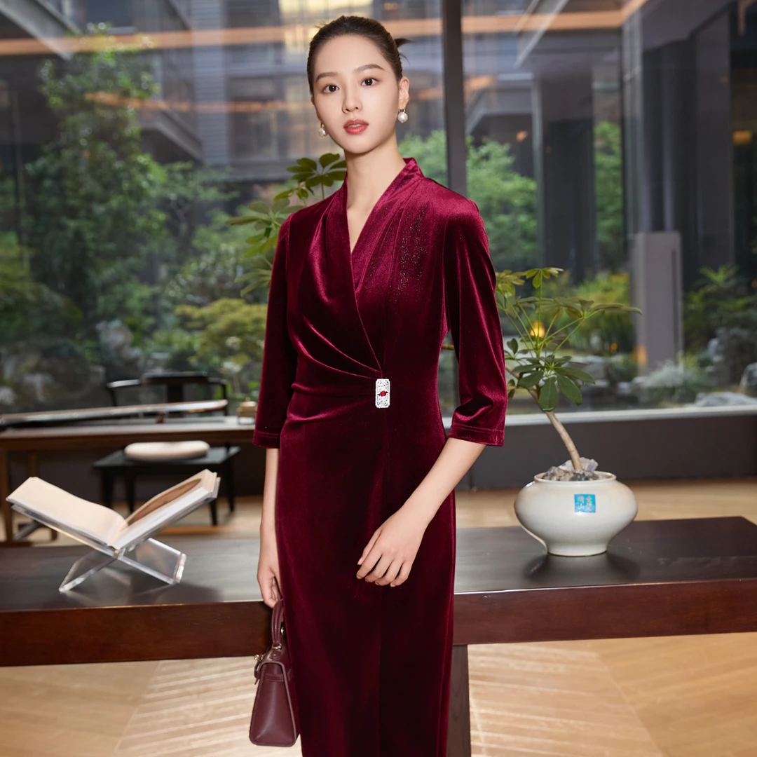 朱紫褕170389枣红色v领礼服婚礼妈妈装喜婆婆喜妈妈