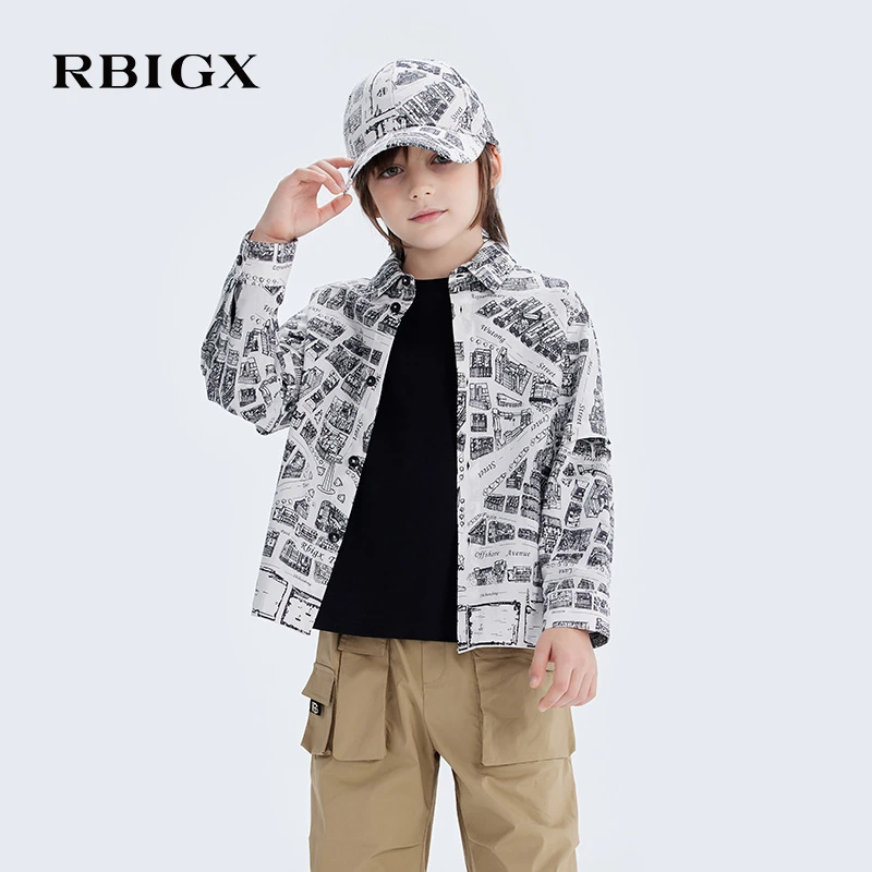 RBIGX瑞比克童装春季新款男童衬衫印花帅气长袖上衣儿童衬衣