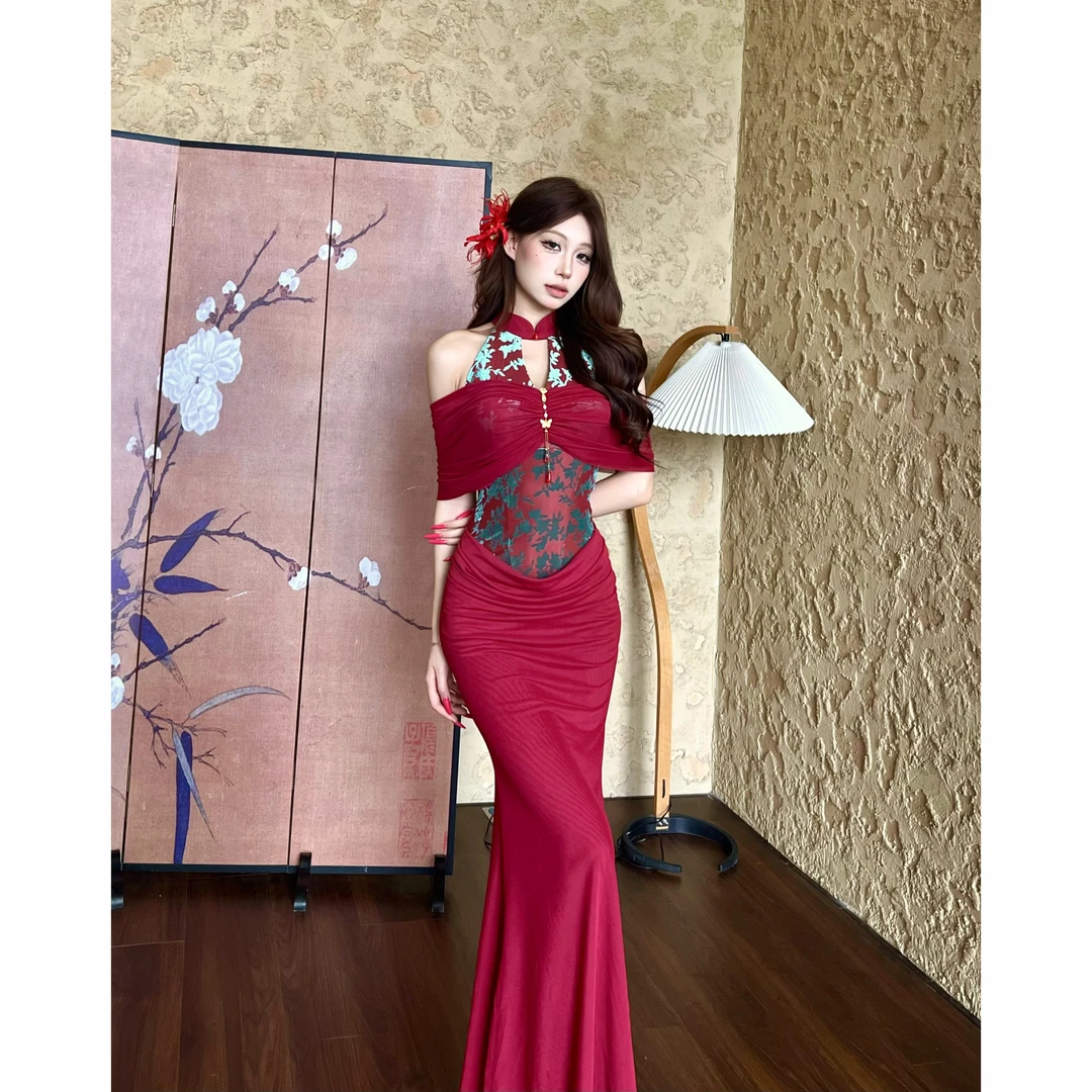 小莹日记【染京华】夏季一字肩气质中国风修身连衣裙QZYHZ52342