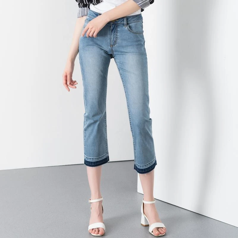 女式夏季薄款COOLMAX冰凉玉纤维脚口阴影毛边七分牛仔裤MA1188