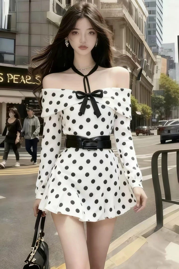 轻奢时尚氛围感通勤风白色波点一字肩露肩长袖收腰系带设计连衣裙