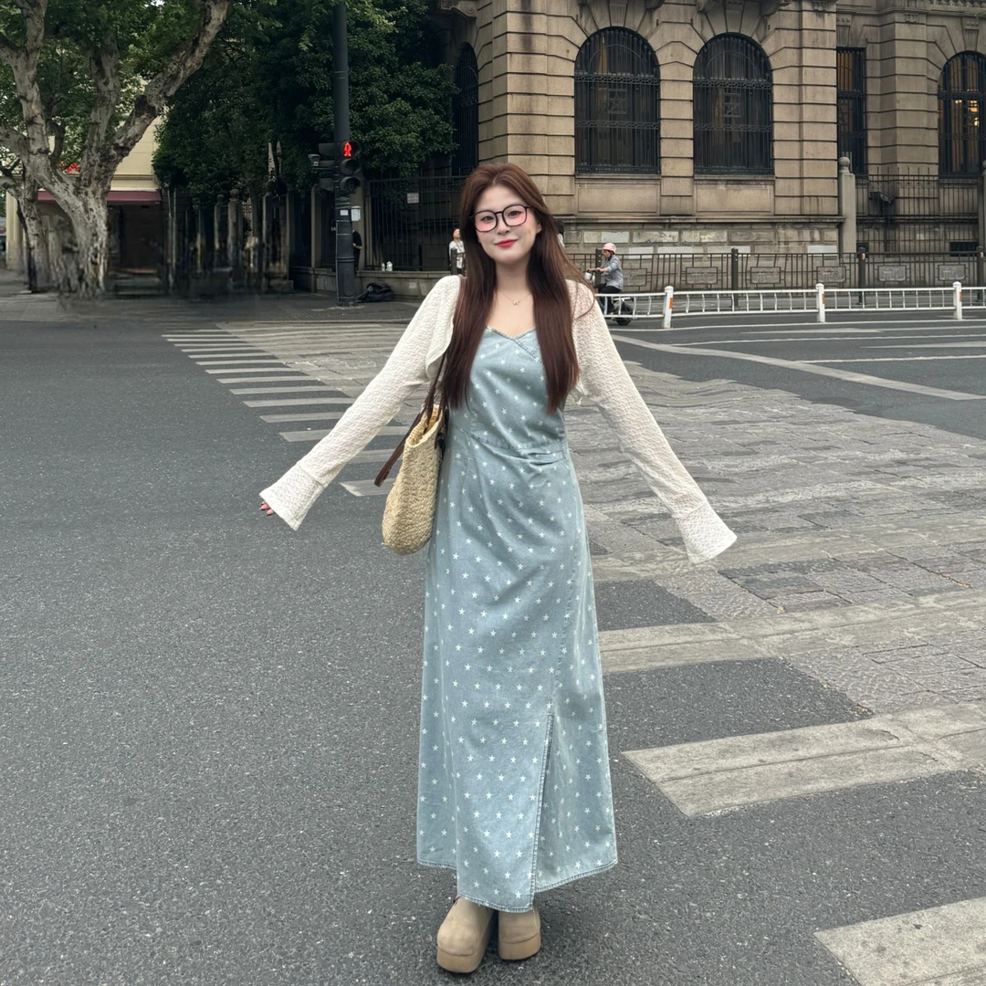 盈盈&南岛风大码设计感星星吊带连衣裙女夏季遮肉显瘦长裙ZYY1658