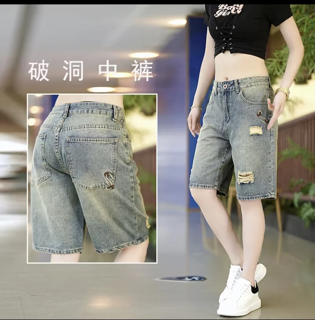 2025夏季男士宽松直筒刺绣牛仔短裤潮流破洞复古无弹牛仔男裤子