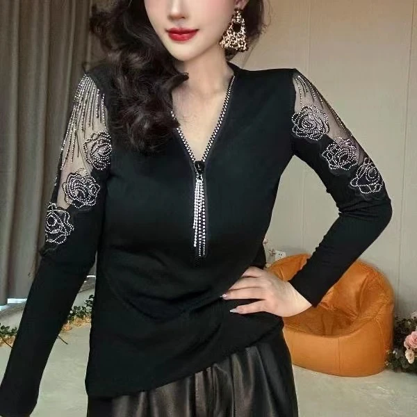 【V领拉链款】玫瑰性感镂空爆款洋气时尚长袖打底衫峰