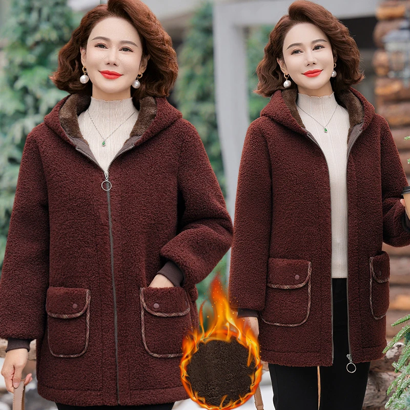 中年妈妈冬装外套加绒加厚棉服新款中老年女装颗粒绒棉衣保暖棉袄