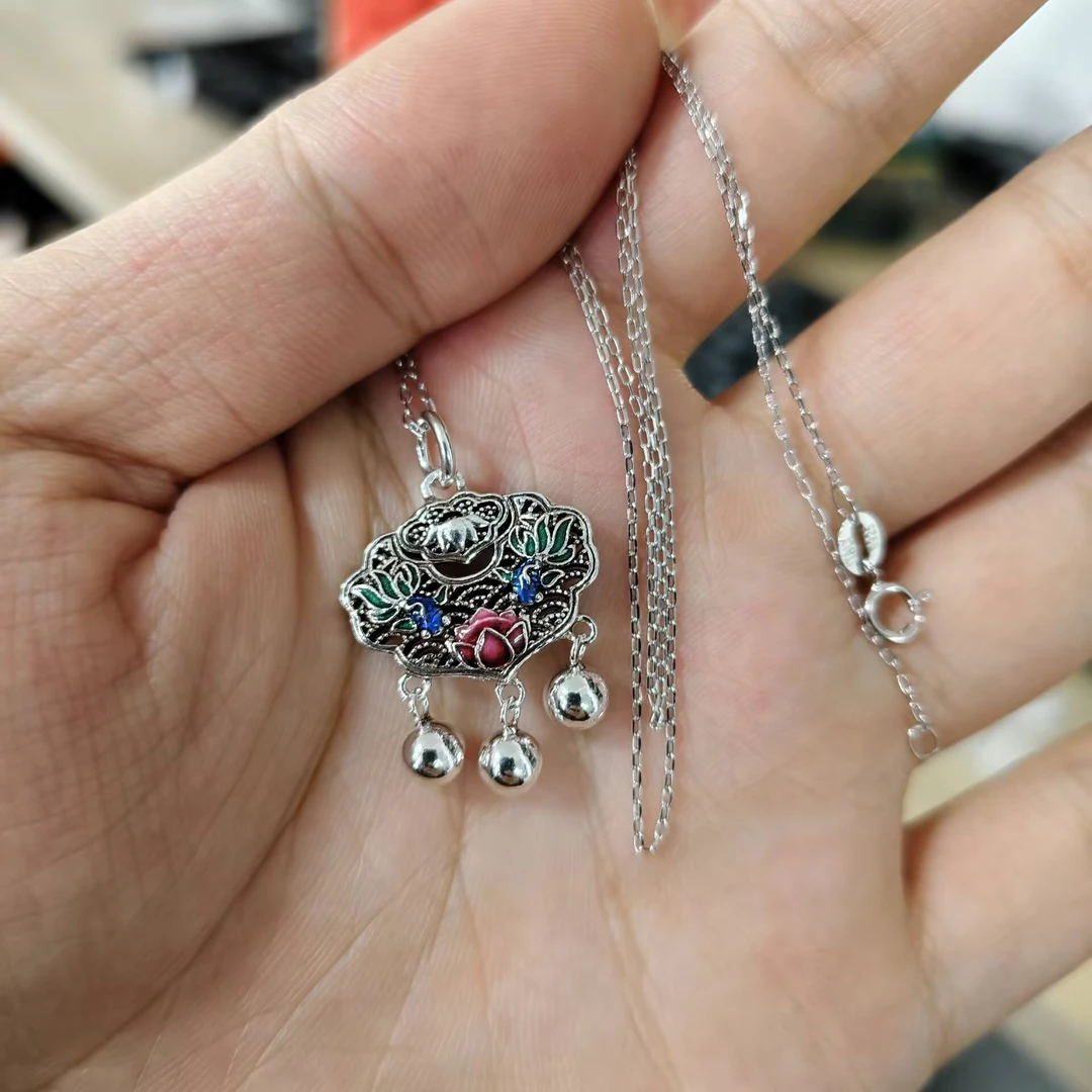 坠链均925银珐琅 双金鱼莲花项链