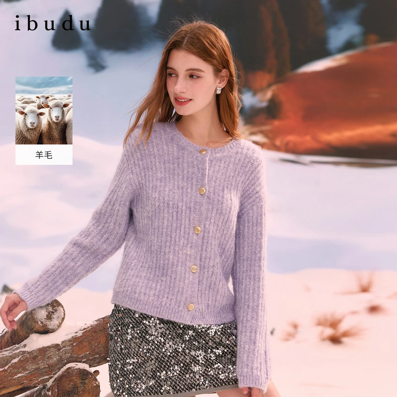三彩ibudu2025冬季新款圆领针织衫绒感毛衫宽松开衫女