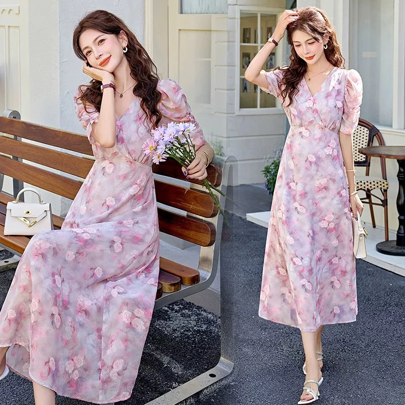 莫奈花园法式小众时尚气质百搭显瘦碎花连衣裙女收腰显瘦长裙