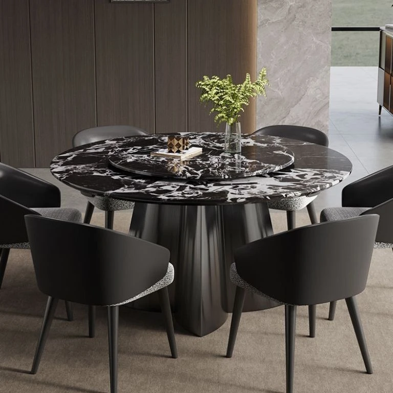 宝格黑天然大理石餐桌客厅2024新款圆餐桌轻奢高级感家用餐桌家用