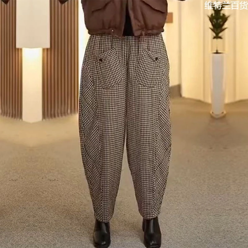 咦2025冬季新款格子加棉加厚保暖休闲棉裤百搭高腰显瘦女士哈伦棉