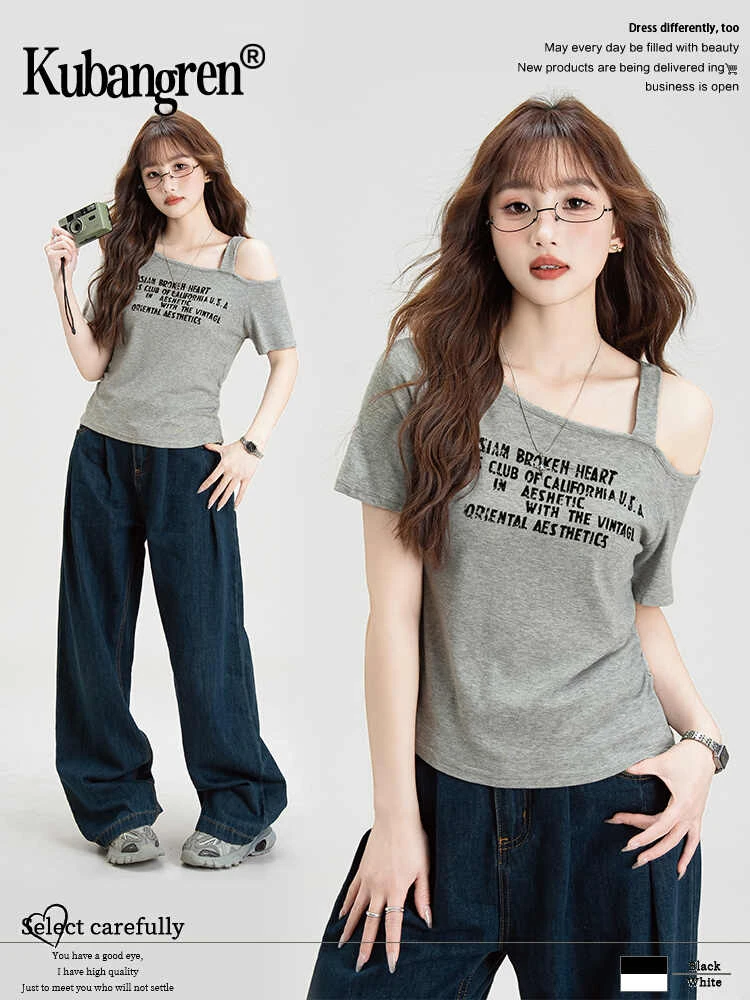 纯欲风斜肩设计短袖T恤女夏季新款字母印花修身显瘦百搭短款上衣