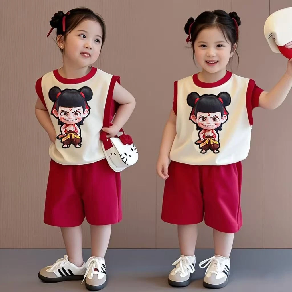儿童哪吒背心套装2025新款宝宝卡通无袖短裤男女童两件套